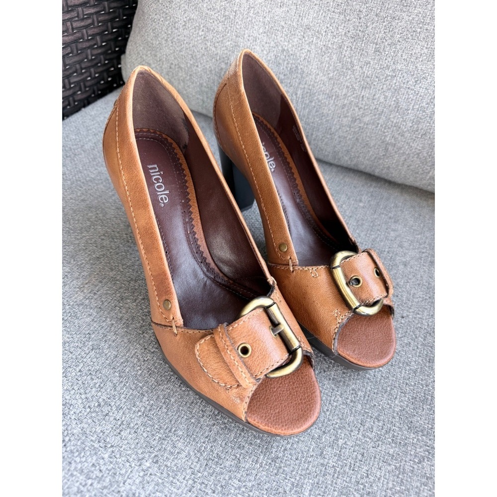 Nicole Silvius Peep Toe Pumps Womens 7.5 Tan Leather Good Buckle Heels Brazil